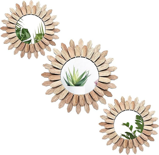 Fourluoo 3 Pack Gold Sunburst Mirrors for Wall Decor Circle Flowers Mirrors Decorative Gold Hanging Wall Art Flowers Mirror for Home Living Dinning Room Bedroom Bathroom Boho Decoration Art (Flower)