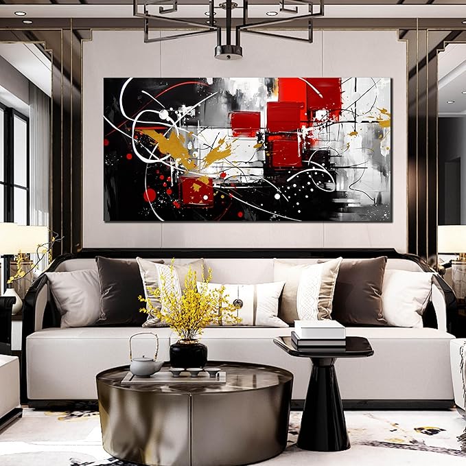 ANCXWOTER Abstract Wall Art for Living Room Black Canvas Wall Art Modern Grey Red Line Artwork for Bedroom Office Home Decor Canvas Prints 29x59 Inch