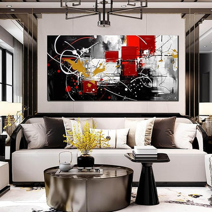 ANCXWOTER Abstract Wall Art for Living Room Black Canvas Wall Art Modern Grey Red Line Artwork for Bedroom Office Home Decor Canvas Prints 29x59 Inch