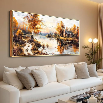 QIYILEXWART Canvas Wall Art For Living Room Large Wall Decor For Office Bedroom Decorations Lakeside Cabins Autumn Landscape Pictures Farmhouse Painting Artwork Room Wall Mural Home Decor 30x60 In