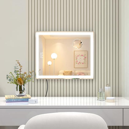 ANYHI Makeup Mirror with Lights, 24"x20.5" Lighted Vanity Mirror with 10X Magnifying, 3 Color Modes, Dimmable, Smart Touch Control, Memory Function, USB Charging Port, Tabletop/Wall Mount, Silver