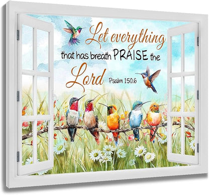 LB Bird Floral Quote Wall Art Watercolor Hummingbird with Bible Quote Flower Canvas Wall Art Nature Plant Window Wall Decor for Living Room Bedroom Bathroom Office Framed Ready to Hang 12L x 16W
