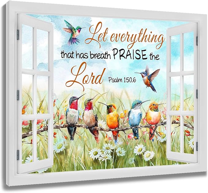 LB Watercolor Hummingbird Wall Art with Bible Quote - Floral Scripture Canvas Print Framed Ready to Hang, Vibrant Floral Bird Design for Living Room Bedroom Office Bathroom Decor, 16x20 Inch Home Gift