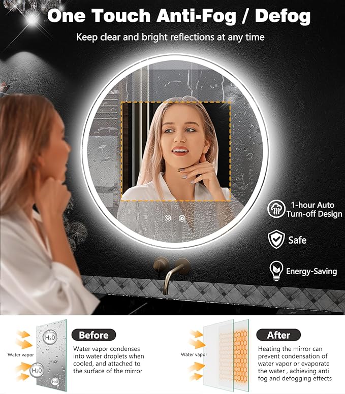 24 Inch LED Bathroom Mirror: Round Vanity Mirror with Lights, Dimmable & 3 Color Change, Backlit&Front Lit,4MM Tempered Glass, Shatterproof, Anti-Fog Bathroom Shower Mirror, espejos para baños con luz