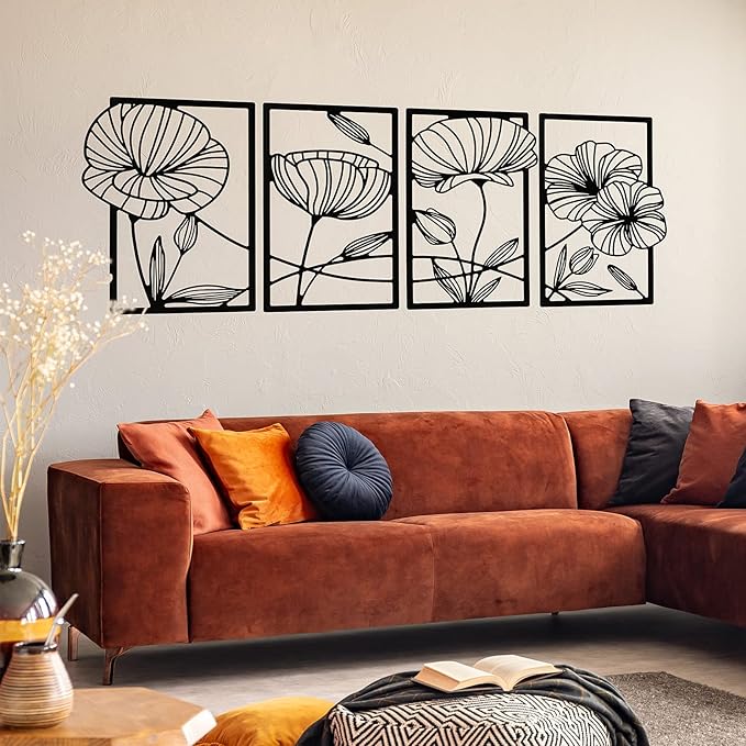 4 Pcs Metal Wall Art 16.5 x 11.8'' Line Art Wall Decor Floral Minimalist Decor Hanging Flower Aesthetic Modern for Living Room Bedroom Bathroom Kitchen Decoration(Black)