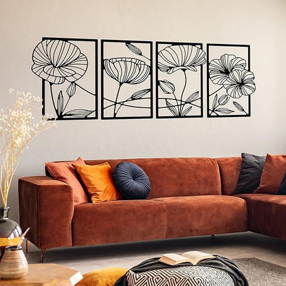 4 Pcs Metal Wall Art 16.5 x 11.8'' Line Art Wall Decor Floral Minimalist Decor Hanging Flower Aesthetic Modern for Living Room Bedroom Bathroom Kitchen Decoration(Black)
