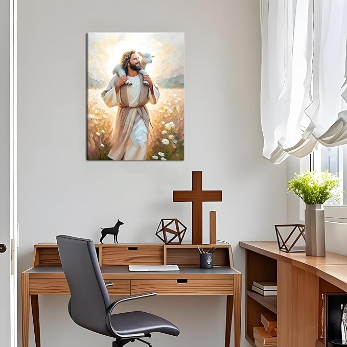 Jesus Canvas Wall Art Print – Christian Wall Decor Poster Painting of Jesus Carrying the Lamb, Inspirational Religious Decor for Living Room, Church or Prayer Room – 12"x16" Framed