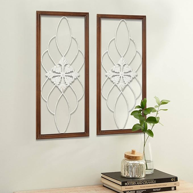 Sintosin Rustic Wood and Metal Wall Art Decor Living Room 14 x 35 Inch, Hanging Distressed White Decorative Vintage Wrought Iron Wall Decor for Living Room Entryway Hallway Bedroom Kitchen