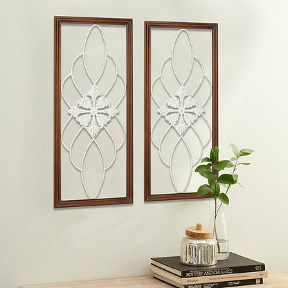Sintosin Rustic Wood and Metal Wall Art Decor Living Room 14 x 35 Inch, Hanging Distressed White Decorative Vintage Wrought Iron Wall Decor for Living Room Entryway Hallway Bedroom Kitchen