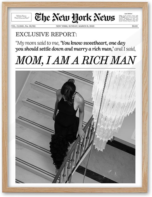 EcoHest Trendy Newspaper Framed Wall Art, Large 16x20 in OAK Wood Mom I Am a Rich Man Canvas Art, Magazine Girly Poster College Dorm Decor, Beige Logs Set of 1 for Bedroom Living Room