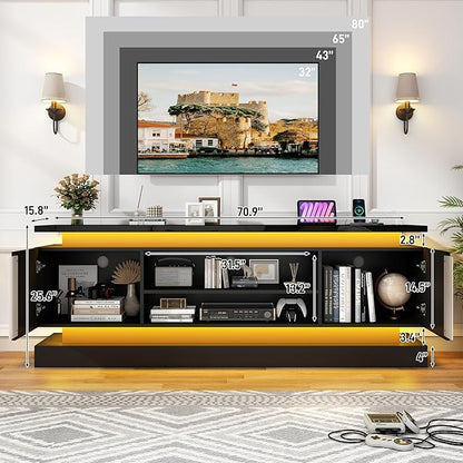 St.Mandyu 71" 2 LED TV Stand for TVs 85 inch,High Gloss Gaming Tall Entertainment Center w/Power Outlet,6000-Colors LED Lights,Modern TV Media Console Table with 2 Cabinets for Living Room,Black