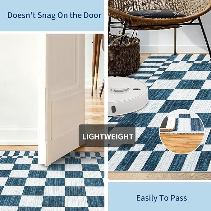 GarveeHome Blue and White Checkered Rug,Washable 3x5 Rug Non Slip for Entryway, Soft Low-Pile, Modern Farmhouse Geometric Small Area Rugs for Bedroom Kitchen
