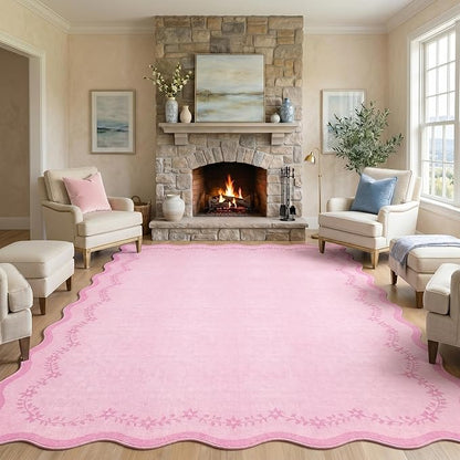 GarveeHome Valentines Scalloped Area Rugs 8x10 for Girls Bedroom, Solid Pink Large Washable Rug Soft Non Slip Backing Floor Mat Carpet Indoor Thin Rug for Living Room Dining Room Playroom Nursery