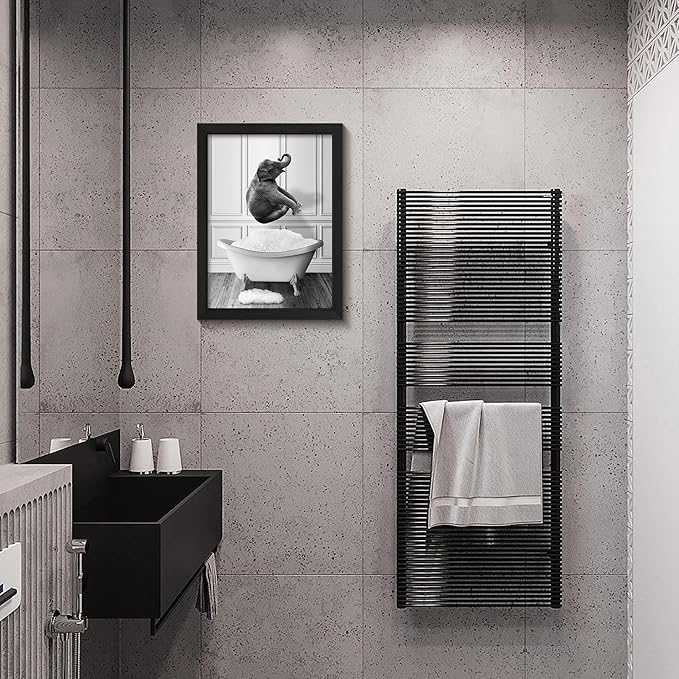 calmart Funny Elephant Bathroom Wall Art - Washing Elephant In Bathtub Pictures for Wall Farmhouse Animal Paintings Please Seat Yourself Sign Framed Artwork Rustic Canvas Print Decor