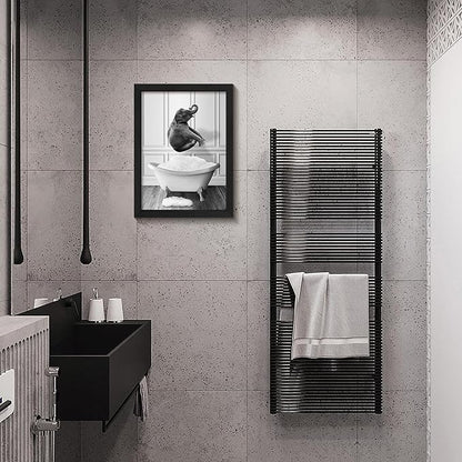 calmart Funny Elephant Bathroom Wall Art - Washing Elephant In Bathtub Pictures for Wall Farmhouse Animal Paintings Please Seat Yourself Sign Framed Artwork Rustic Canvas Print Decor