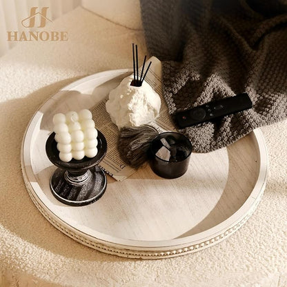 Hanobe Large Round Decorative Tray: 17" White Coffee Table Decor Wood Centerpiece Beaded Trays Farmhouse Boho Ottoman for Home Counter Living Room