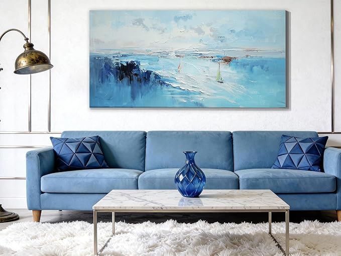 Ardemy Blue Wall Art Canvas for Living Room Textured Turquoise Painting for Bedroom Teal Artwork Framed Home Office Kitchen Dining Room Mens Room Wall Decor, Extra Large 58"x29"