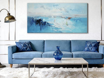 Ardemy Blue Wall Art Canvas for Living Room Textured Turquoise Painting for Bedroom Teal Artwork Framed Home Office Kitchen Dining Room Mens Room Wall Decor, Extra Large 58"x29"