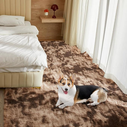 Ultra Soft Rug for Living Room, 5X8 Fluffy Shag Area Rug for Bedroom, Modern Shaggy Carpet Fuzzy Rug for Teens Dorm Nursery Home Decor Aesthetic, Upgrade Anti-Skid Durable, Tie-Dyed Coffee