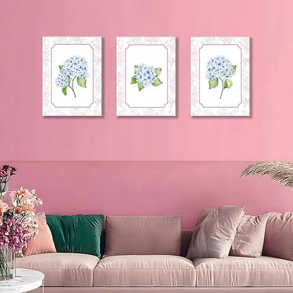 Blue Hydrangea Wall Art Set of 3, Preppy Blue Hydrangea Canvas Prints Poster Picture, Floral Aesthetic Wall Decor for Teen Girls Bedroom Dorm Apartment 16x24 Inch Framed