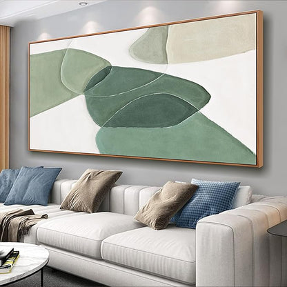 Modern Wall Art Large Geometric Green And White Geometric Color Block Line Art Painting Artwork Canvas Simple Picture Textured Artwork Framed For Living Room Bedroom Office Home Decor 29"X 58"