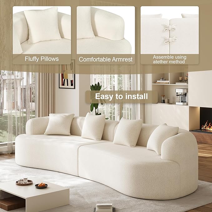 131" Oversized Sectional Sofa for Living Room, Modern Luxury Plush Chenille 4-Seater Extra Deep & Wide Seat Curved Cloud Couch with 4 Throw Pillows, No Assembly Needed, Cream White