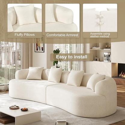 131" Oversized Sectional Sofa for Living Room, Modern Luxury Plush Chenille 4-Seater Extra Deep & Wide Seat Curved Cloud Couch with 4 Throw Pillows, No Assembly Needed, Cream White