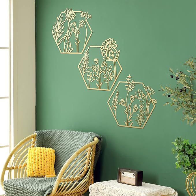 Peryiter 3 Pcs Metal Flower Wall Decor Minimalist Floral Wall Hanging Decor Metal Flower Rustic Floral Art for Spring Living Room Bathroom Kitchen Indoor Outdoor(Gold)