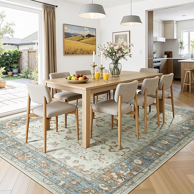 Lessymo Washable Area Rug for Living Room,8x10 Large Rugs with Non-Slip Backing,Soft Boho Carpets for Bedroom Dining Room Nursery Home Office,Light Brow