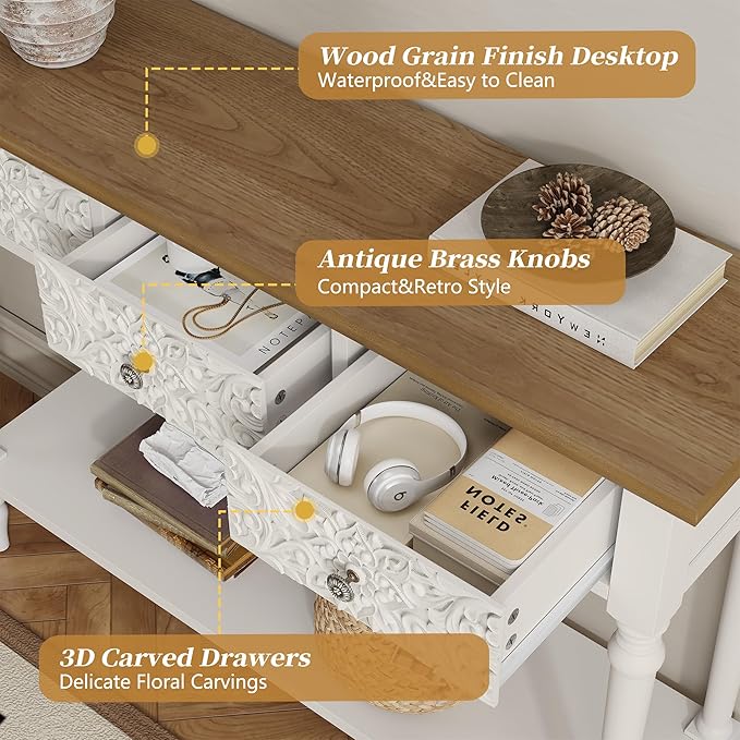 3More Entryway Console Table with 3 Drawers,42" Carved Hallway Table with Open Shelf,Long Sofa Table for Living Room, Hallway, Behind Couch,White