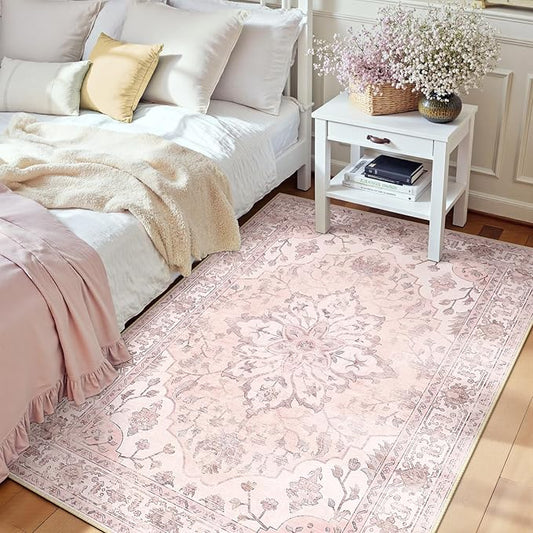 RELEANY Area Rugs 3'x4' Washable Non-Slip, Floral Vintage Distress Print Pattern Medallion Carpet for Living Room Bedroom Dining Room, Pink Greypink Cute