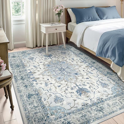 RELEANY Area Rugs 5'x8' Washable Non-Slip, Floral Vintage Distress Print Pattern Medallion Carpet for Living Room Bedroom Dining Room, Light Blue Navy Beige Gray White