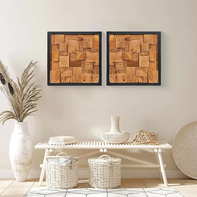 Greenage Reclaimed Teak Wood Wall Decor 17"x17" Farmhouse Simetris Square Wall Art Rustic Geometric Pattern Wall Hanging Decoration Wooden Frame Wall Panel for Home Living Room Bedroom