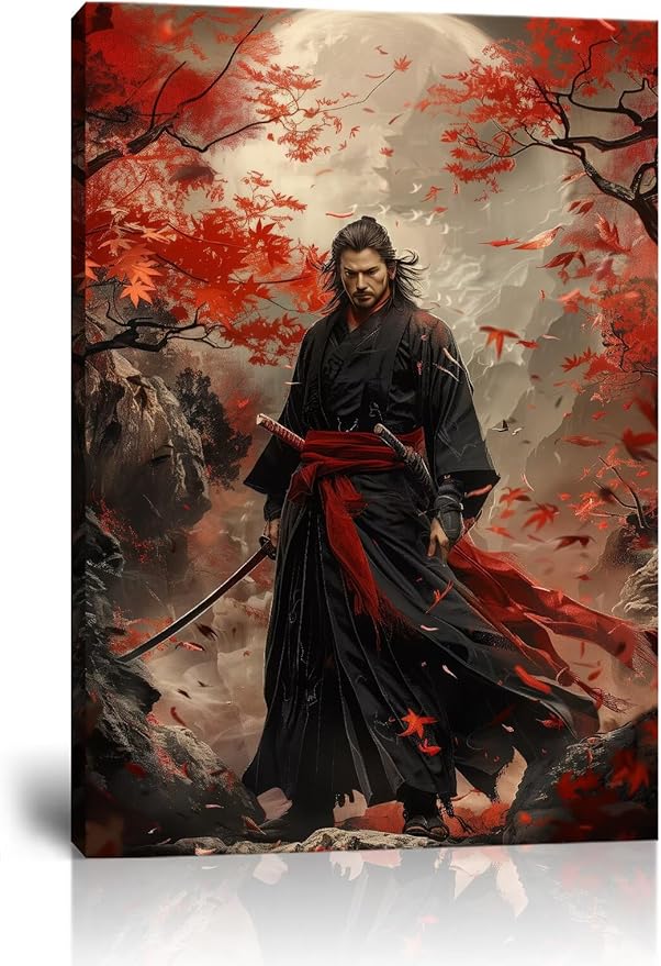 Oriental Samurai Wall Art Black and Red Warrior Wall Decor Canvas Prints Warrior Figure Pictures Bushido Posters Artwork Framed for Living Room Bathroom Bedroom Office (28''W x 44''H)