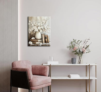Vintage Books Canvas Wall Art Farmhouse Rustic Floral Painting Picture Wall Decor Still Life Flowers Poster Print Artwork for Countryside Farmhouse Library Gallery Living Room Home Decoration
