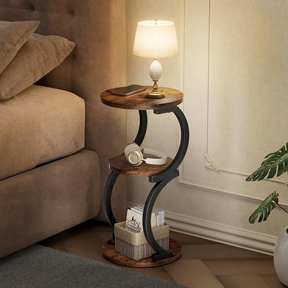Small Side Table, 3-Tier Round End Table for Living Room, S-Shaped Accent Table for Small Spaces Sofa Couch Bedroom, Vintage Nightstand Wood Metal Coffee Table with Storage Shelf, Rustic Brown