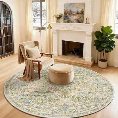 Washable Round Rugs for Bedroom 4ft: Living Room Rug Stain Resistant Non Slip Low Pile Ultra Soft Faux Wool Small Circle Rugs for Kitchen Entryway Nursery Dorm Home Office Bathroom Entrance Indoor