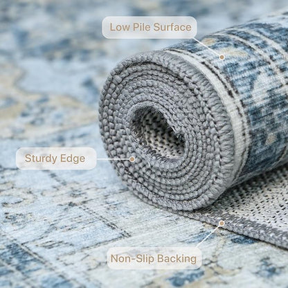 GENIMO 6FT Round Area Rugs for Living Room, Circle Rugs Machine Washable Low Pile, Chenille Non Slip Vintage Rug for Bedroom, Dining Room, Home Office, Blue