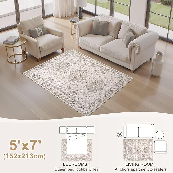 EIEIHOUSE Washable Area Rugs for Living Room - 5x7 Neutral Vintage Distressed Floral Farmhouse Boho Large Soft Floor Rug Indoor Non Slip Carpet for Living Room Bedroom Dining Room Office - Beige Brown