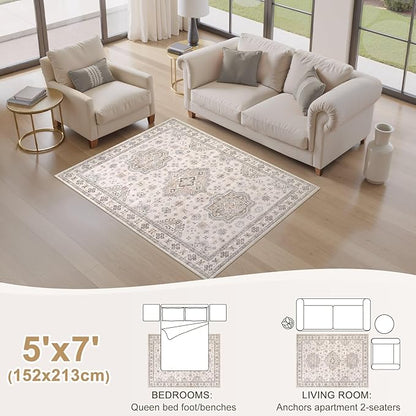 EIEIHOUSE Washable Area Rugs for Living Room - 5x7 Neutral Vintage Distressed Floral Farmhouse Boho Large Soft Floor Rug Indoor Non Slip Carpet for Living Room Bedroom Dining Room Office - Beige Brown