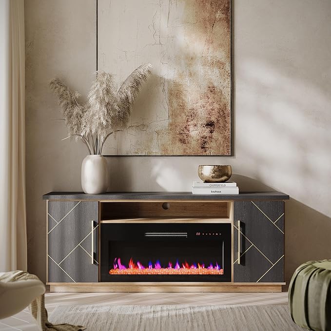 BELLEZE 68“ Fireplace TV Stand for TV's Up to 75", Elegant Entertainment Center with 36" Electric Fireplace Heater, Storage Media Console with Drawers & Open Shelves for Living Room (Espresso Black)