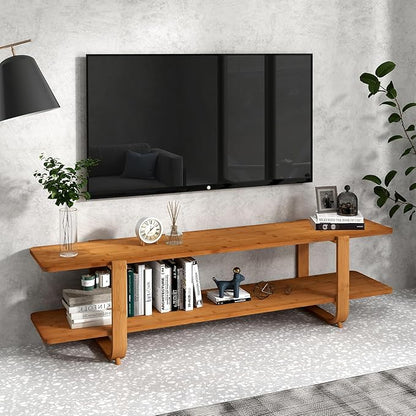 HollyHOME Bamboo TV Stand with Storage for TVs up to 65'', Modern Entertainment Center with 2 Open Shelf, Accent TV Media Console Table for Living Room, Bedroom, 55"(L), Walnut