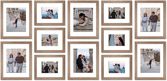 VELISTA 12 Piece Rectangle Gallery Wall Frame Set - Rustic Photo Frame Set with Mat 8x10/11x14" - Picture Frame Set for Wall Collage made of Engineered Wood – Farmhouse Assorted Picture Frames (Walnut)