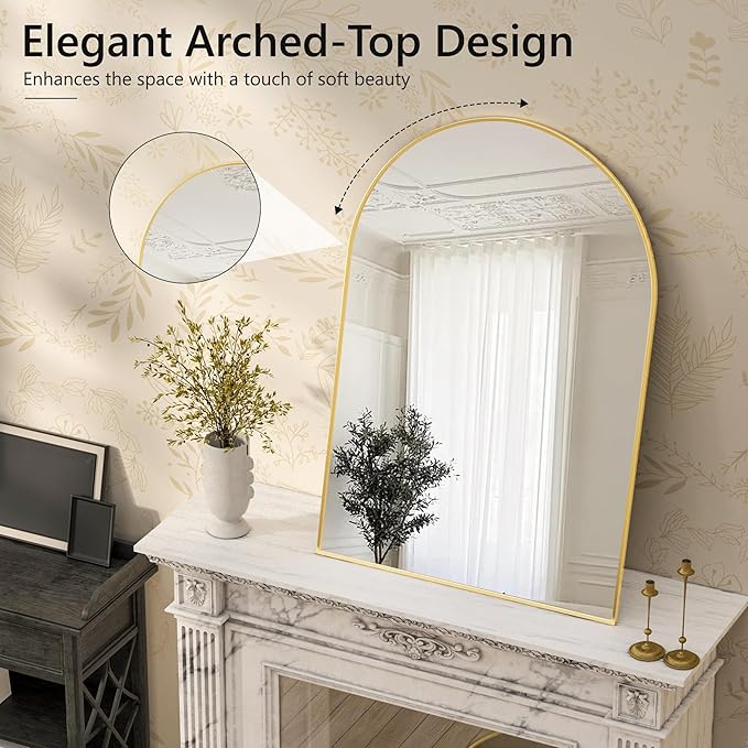 Arched Bathroom Mirror for Wall, 36" x 24" Gold Metal Frame Vanity Mirror, HD Glass Over Sink for Bathroom, Entryway, Bedroom