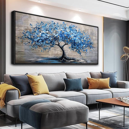 ERQINHUA Large Canvas Blue Tree Printed Painting Wall Decor For Living Room Office Wall Art For Bedroom Abstract Farmhouse Restaurant Mural Artwork Picture Home Decoration Black Framed 32x72 In
