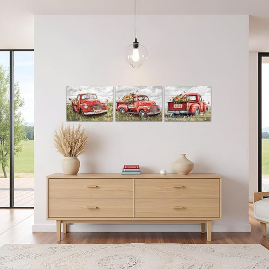 sechars Truck Wall Art Canvas Vintage Farmhouse Decor Faith Hope Love Floral Painting Prints (Red)