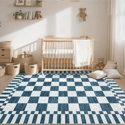 GarveeHome Blue and White Checkered Rug 6×9 Area Rugs for Living Room,Non-Slip Washable Rug Soft Low-Pile, Modern Farmhouse Geometric Rugs for Bedroom Dining Room