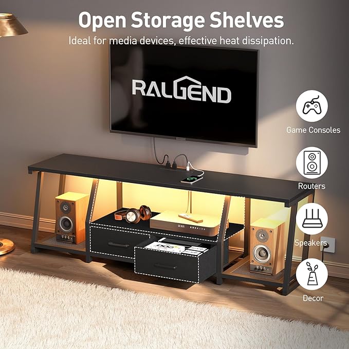 RALGEND LED TV Stand for 75 Inch TV, Entertainment Center with Open Shelves and Power Outlets, TV Console Table with Fabric Drawers, Media Console for Living Room, Bedroom, Black