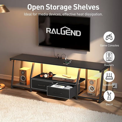 RALGEND LED TV Stand for 75 Inch TV, Entertainment Center with Open Shelves and Power Outlets, TV Console Table with Fabric Drawers, Media Console for Living Room, Bedroom, Black