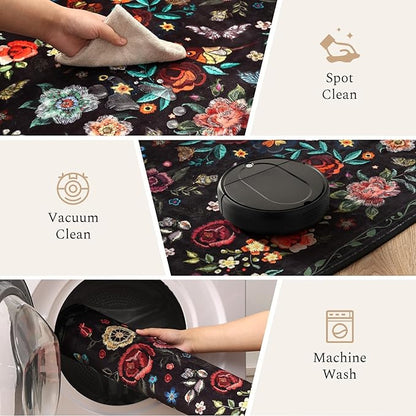 Rugflix 2x3 Small Area Rugs for Entryway, Washable Entrance Door Mat Non-Slip, Soft Low Pile Stain Resistant Vintage Floral Indoor Throw Rug for Kitchen, Bedroom, Hallway, Black